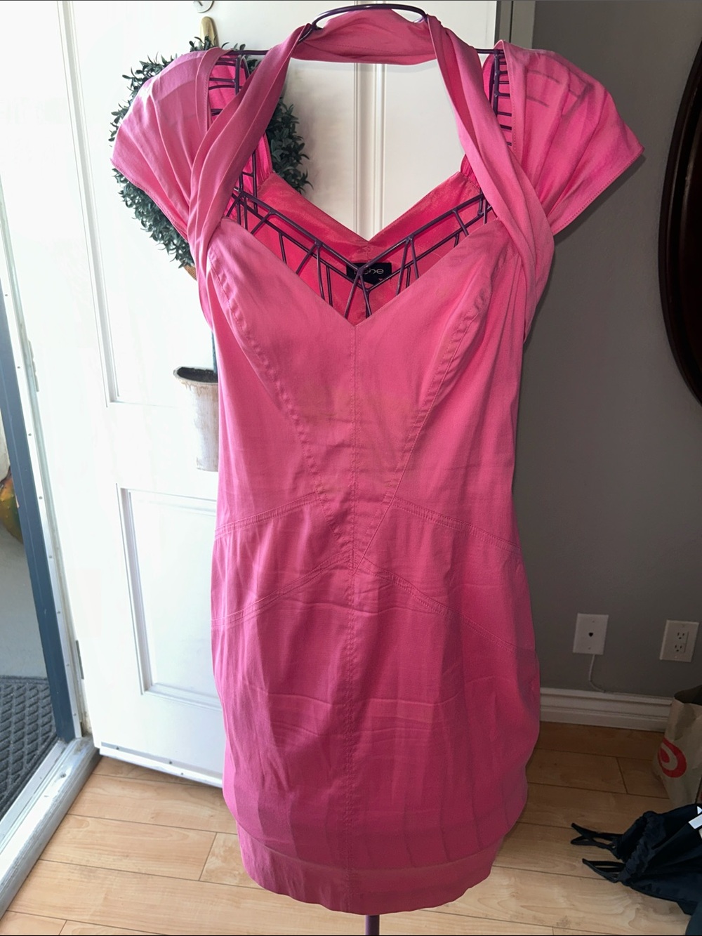bebe Pink V-Neck Draped Shoulder Cocktail Dress